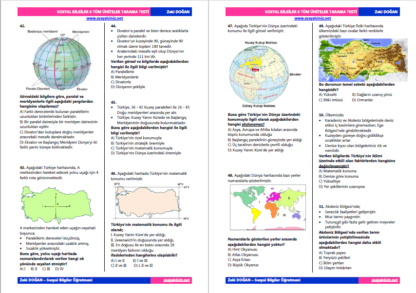 6. Sınıf Sosyal Bilgiler Tüm Üniteler Tarama Testi 145 soru