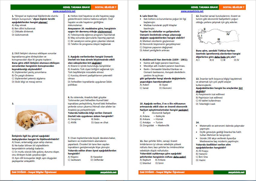 Sosyal Bilgiler 7 Genel Tarama Sınavı