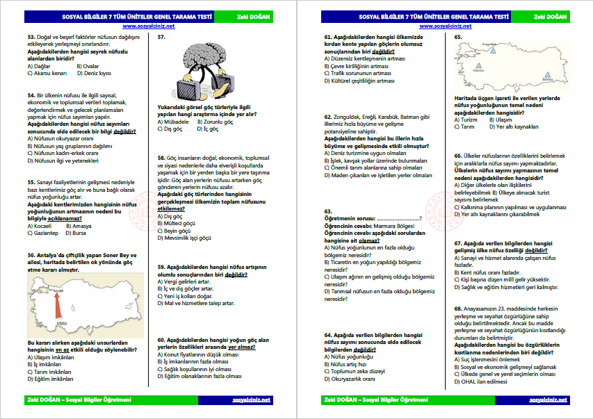 7. Sınıf Sosyal Bilgiler Tüm Üniteler Tarama Testi 160 soru