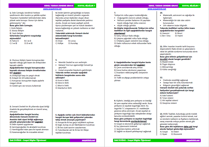 Sosyal Bilgiler 7 Genel Tekrar Deneme Sınavı