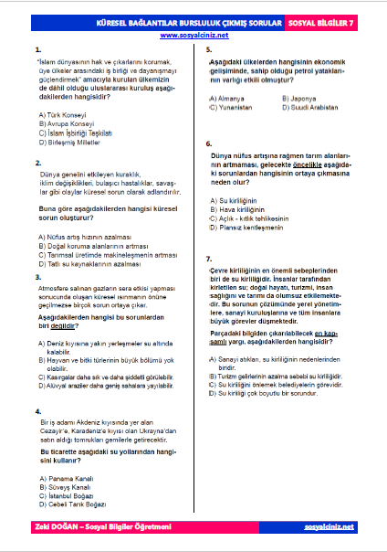 7.Sınıf Sosyal Bilgiler 7.Ünite Bursluluk Çıkmış Sorular