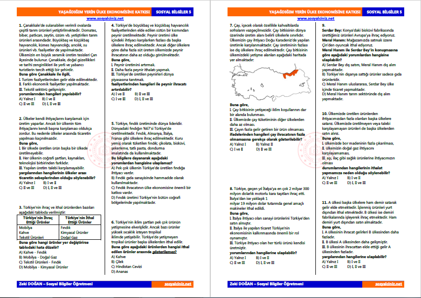 Yaşadığım Yerin Ülke Ekonomisine Katkısı Test-2