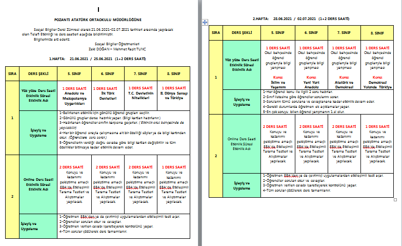 21 Haziran 2 Temmuz Sosyal Bilgiler Telafi Etkinlik Planı