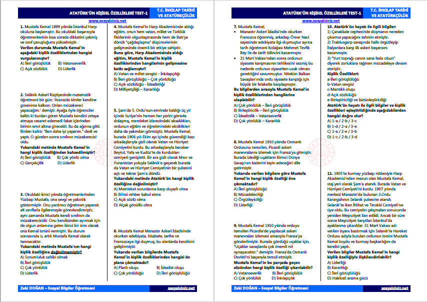 Atatürk’ün Kişisel Özellikleri Test-1