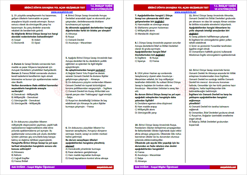 I. Dünya Savaşına Yol Açan Gelişmeler Test