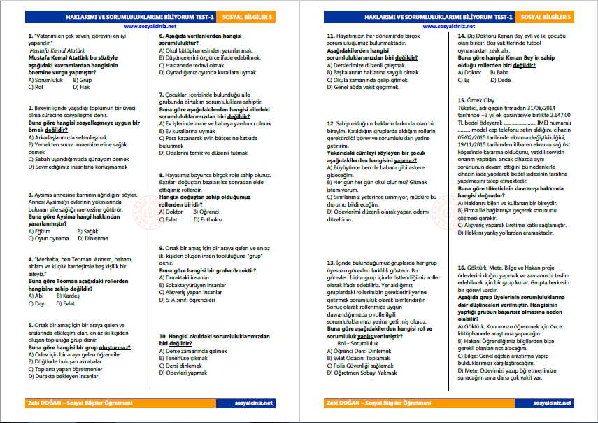 Haklarımı ve Sorumluluklarımı Biliyorum Test-1