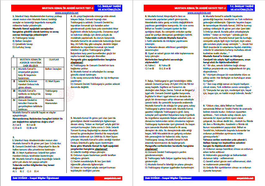 Mustafa Kemal’in Askeri Hayatı Test-2