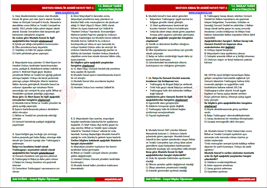 Mustafa Kemal’in Askeri Hayatı Test-1