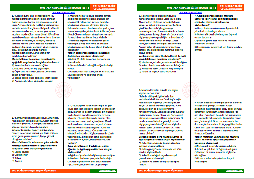 Mustafa Kemal’in Eğitim Hayatı Test-1