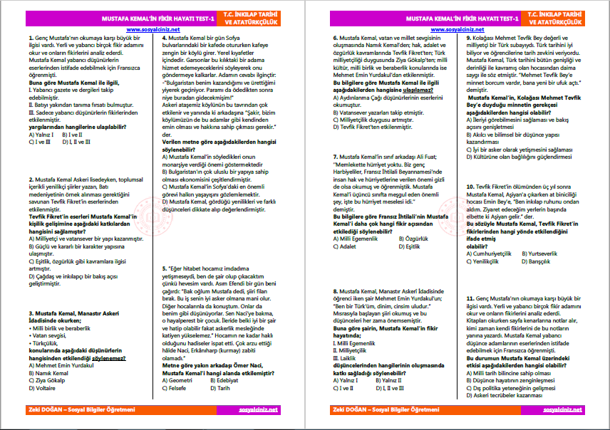 Mustafa Kemal’in Fikir Hayatı Test-1
