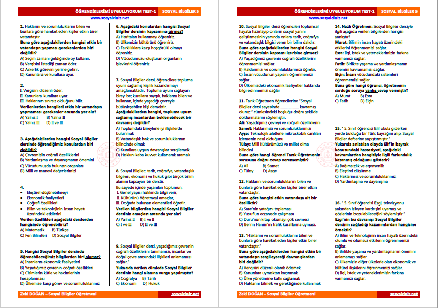 Öğrendiklerimi Uyguluyorum Test-1