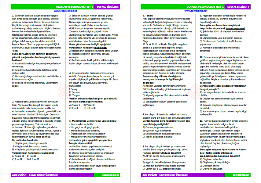 Olaylar ve Sonuçları Test-1