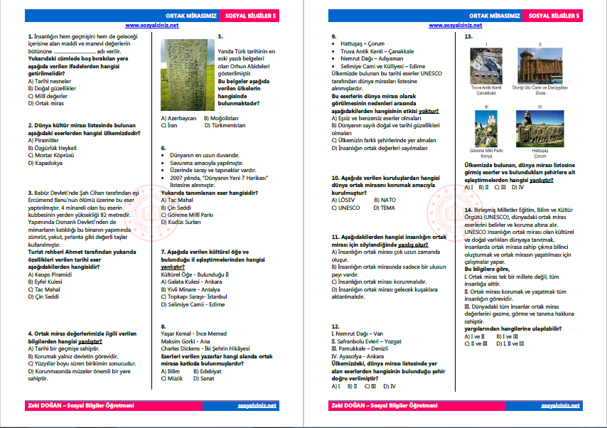 İnsanlığın Ortak Mirası Test-1