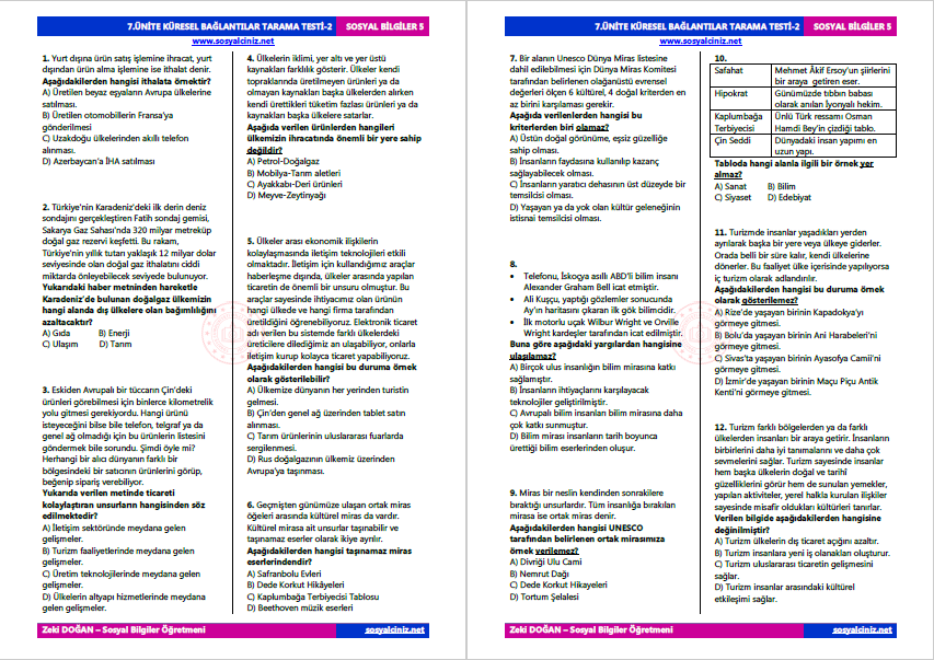 5.Sınıf Sosyal Bilgiler 7.Ünite Tarama Testi-2