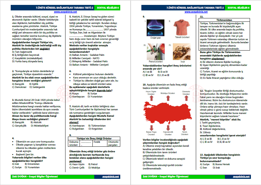 6.Sınıf Sosyal Bilgiler 7.Ünite Tarama Testi-2