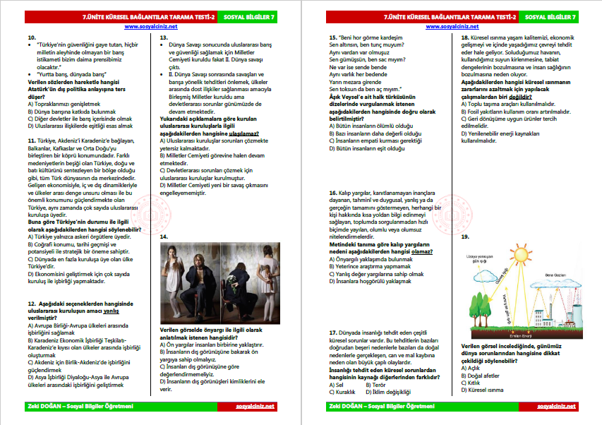 7.Sınıf Sosyal Bilgiler 7.Ünite Tarama Testi-2