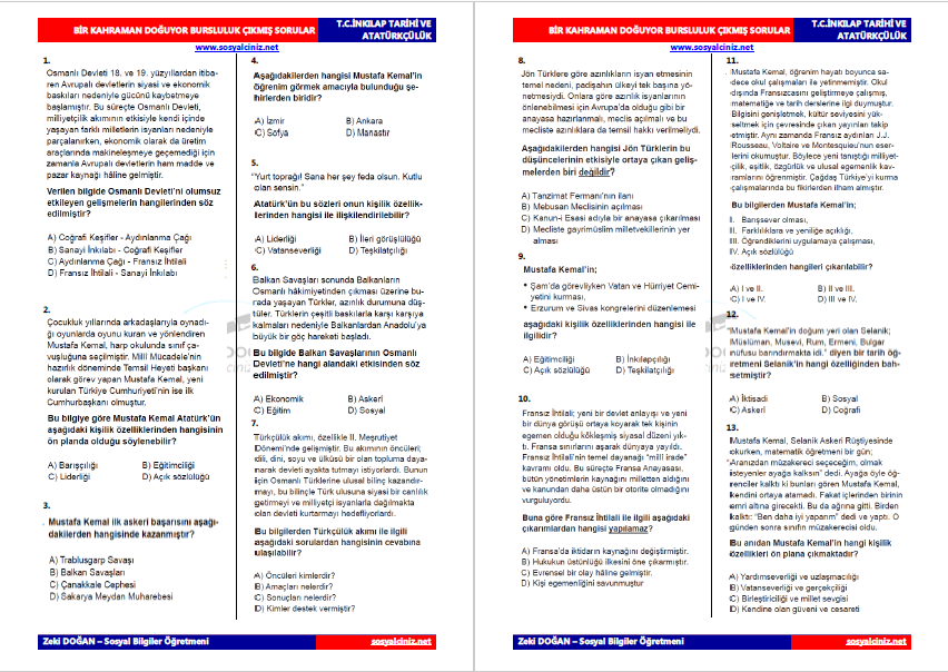 Bir Kahraman Doğuyor Bursluluk Çıkmış Sorular