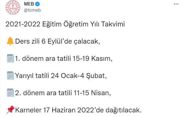 2021-2022 Eğitim Öğretim Yılı Takvimi