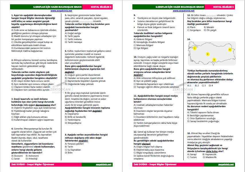 6. Sınıflar Sosyal Bilgiler Hazır Bulunuşluk Sınavı