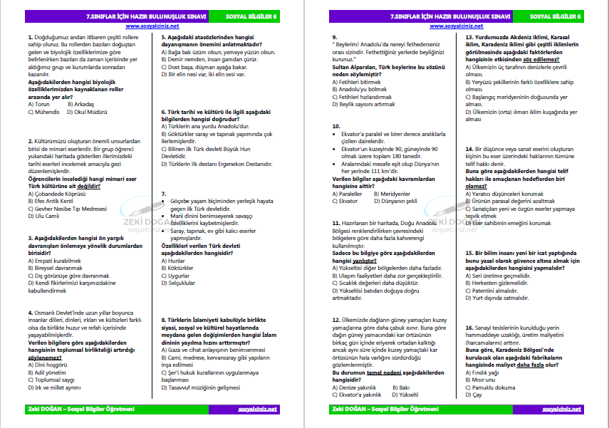 7. Sınıflar Sosyal Bilgiler Hazır Bulunuşluk Sınavı