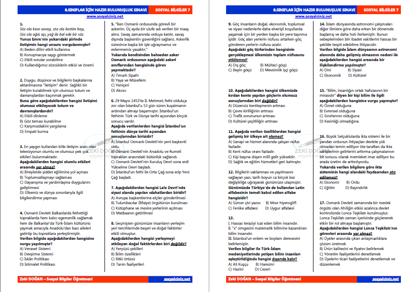8.Sınıflar İçin Sosyal Bilgiler Hazır Bulunuşluk Sınavı