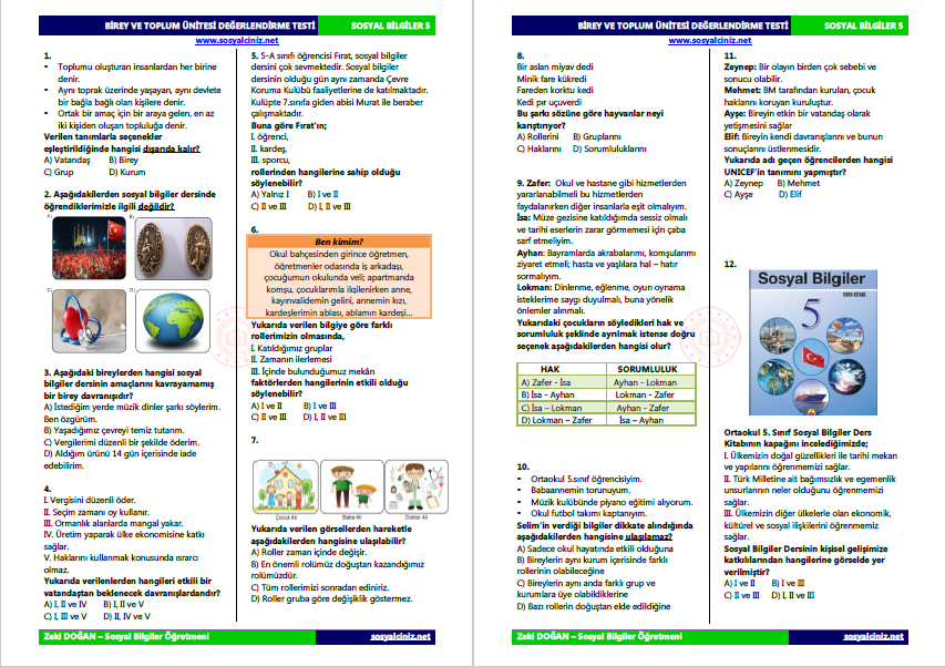 Sosyal Bilgiler 5 Birey ve Toplum Ünite Testi