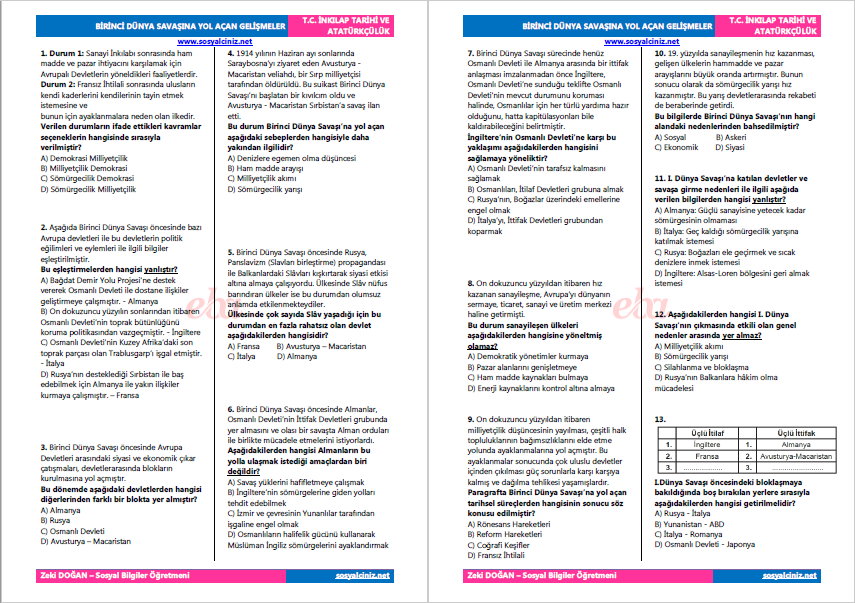 Birinci Dünya Savaşına Yol Açan Gelişmeler Test