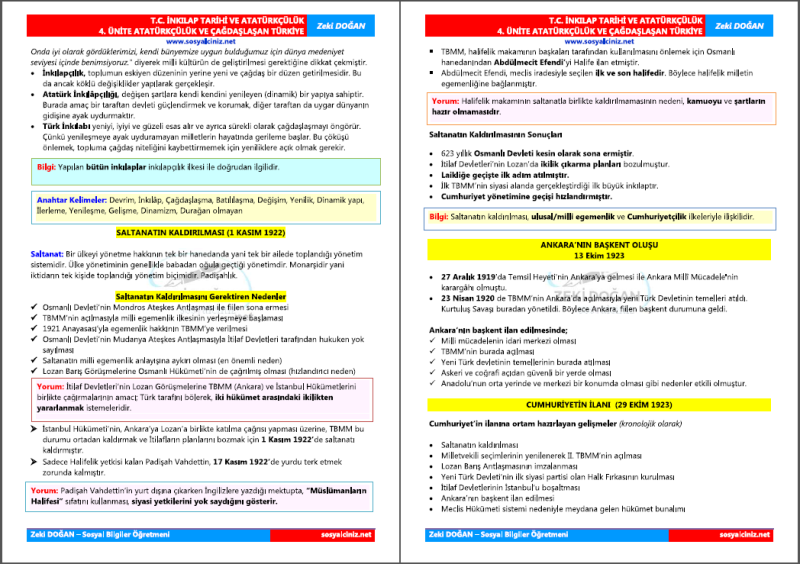 T. C. İnkılap Tarihi Ders Notları (Tüm Üniteler)