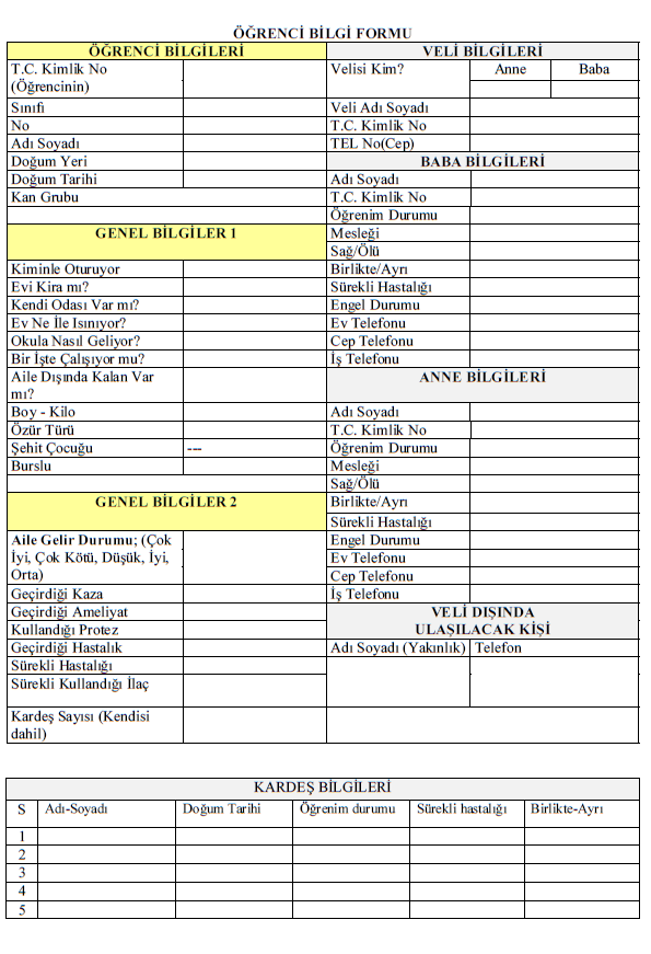 Öğrenci Bilgi Formu