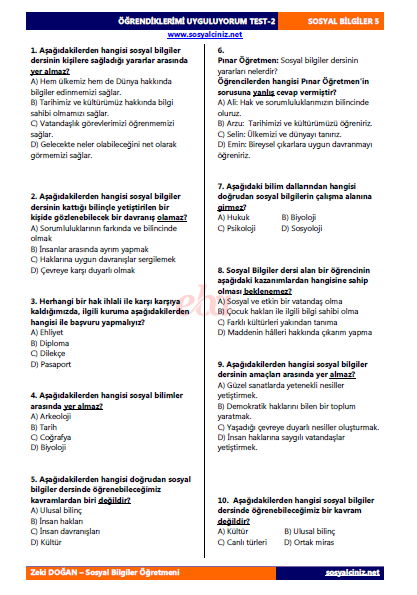 Öğrendiklerimi Uyguluyorum Test 2