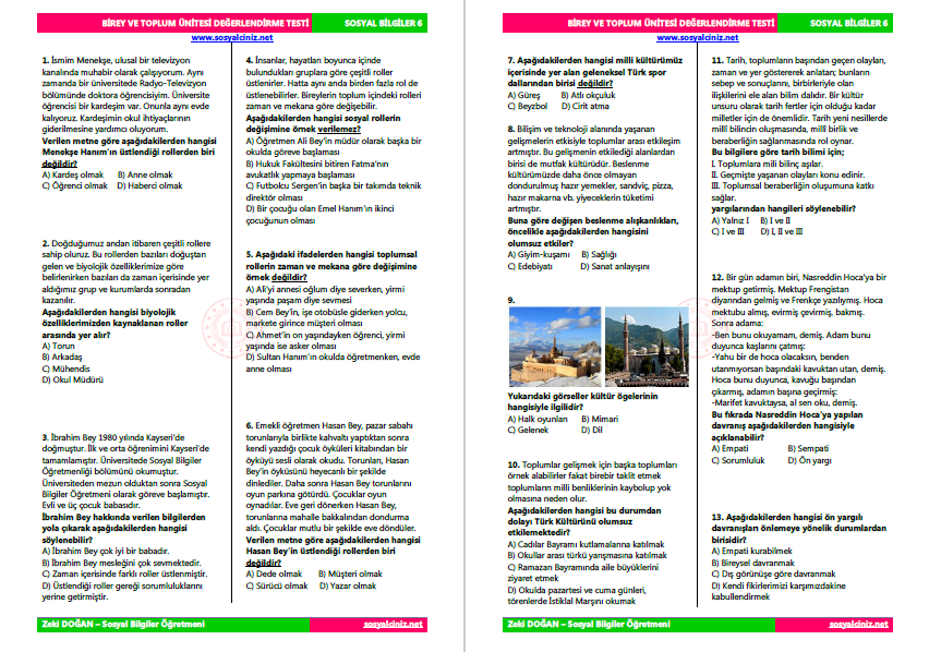 Sosyal Bilgiler 6 Birey ve Toplum Ünite Testi