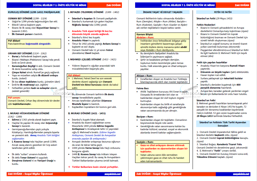 Sosyal Bilgiler 7 Kültür ve Miras Ders Notları