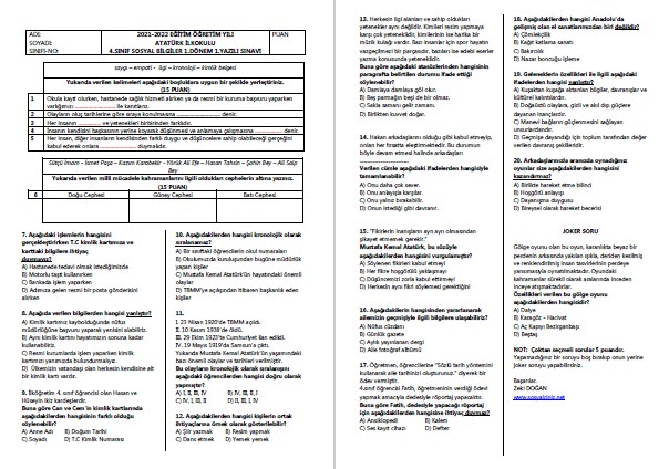 2021-2022 4.Sınıf Sosyal Bilgiler 1.Dönem 1.Yazılı