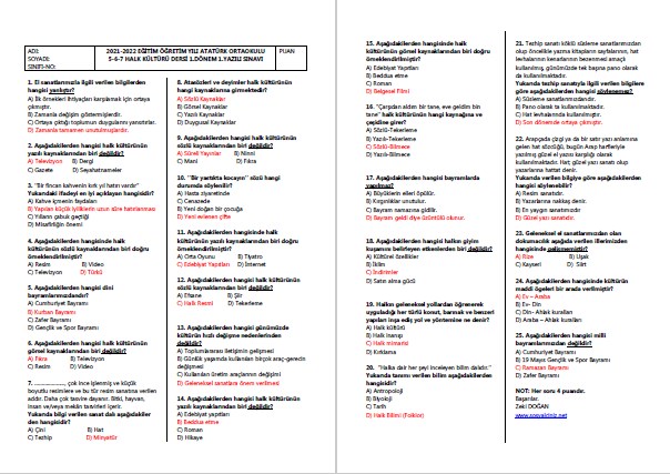 2021-2022 5-6-7.Sınıf Halk Kültürü 1.Dönem 1.Yazılı
