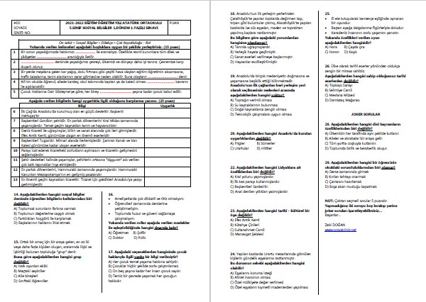 2021-2022 5.Sınıf Sosyal Bilgiler 1.Dönem 1.Yazılı