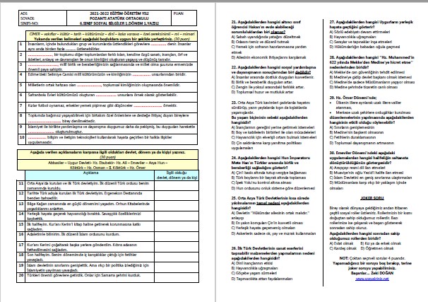 2021-2022 6.Sınıf Sosyal Bilgiler 1.Dönem 1.Yazılı
