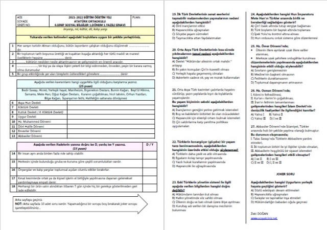 6.Sınıf Sosyal Bilgiler 1.Dönem 1.Yazılı (Karma)