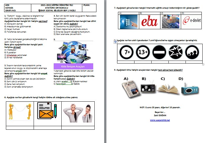 2021-2022 Sosyal Bilgiler 7 BEP 1.Yazılı