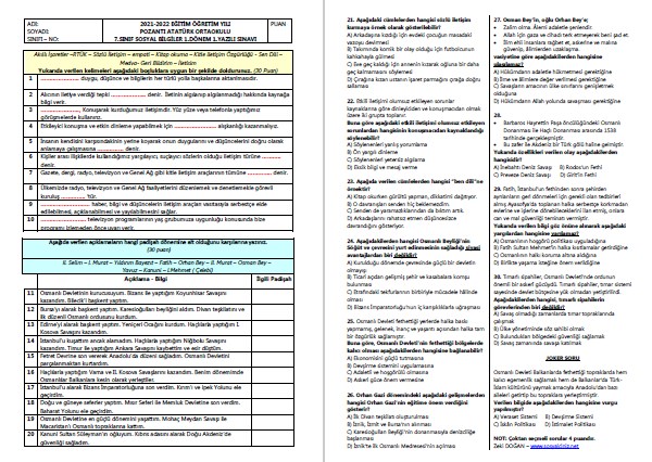 2021-2022 7.Sınıf Sosyal Bilgiler 1.Dönem 1.Yazılı