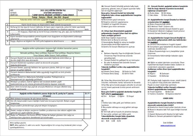 7.Sınıf Sosyal Bilgiler 1.Dönem 1.Yazılı (Karma)
