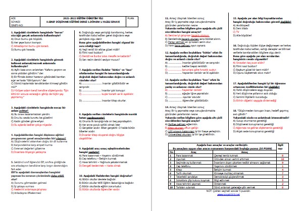 2021-2022 8.Sınıf Düşünme Eğitimi 1.Dönem 1.Yazılı