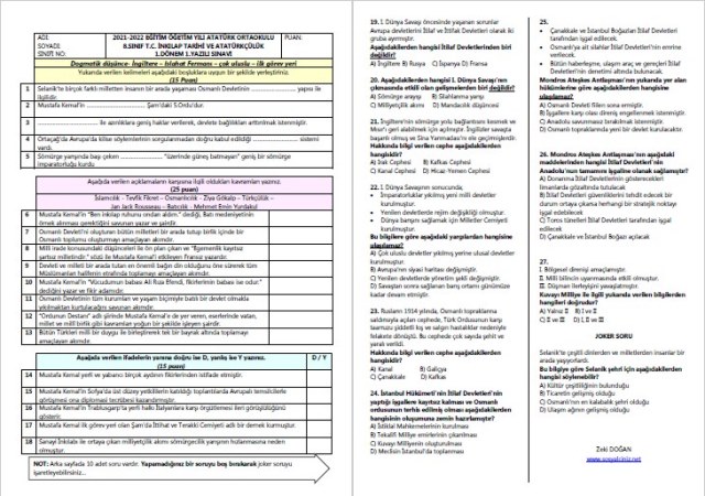 T.C. İnkılap Tarihi 1.Dönem 1.Yazılı (Karma)