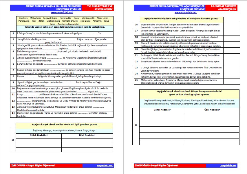 I.Dünya Savaşının Nedenleri Pekiştirme Etkinliği