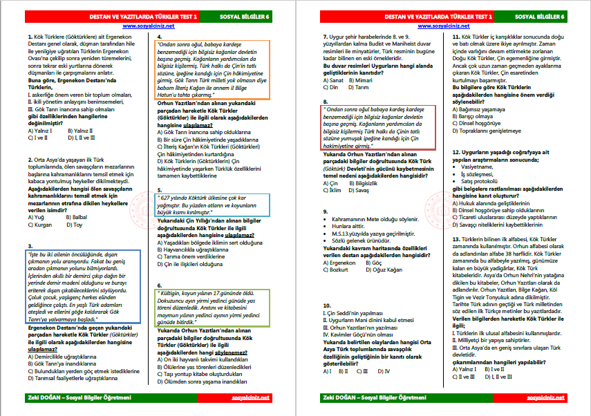 Destan ve Yazıtlarda Türkler Test 1