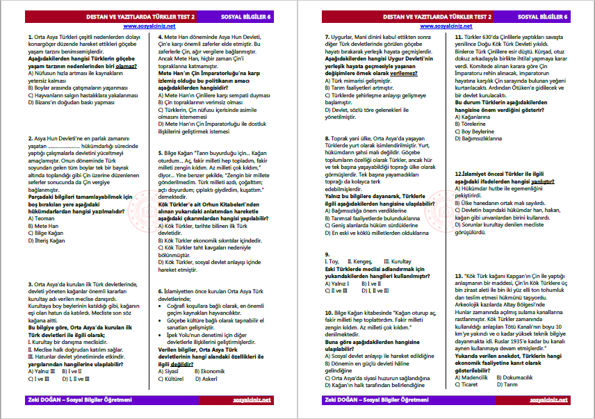 Destan ve Yazıtlarda Türkler Test 2