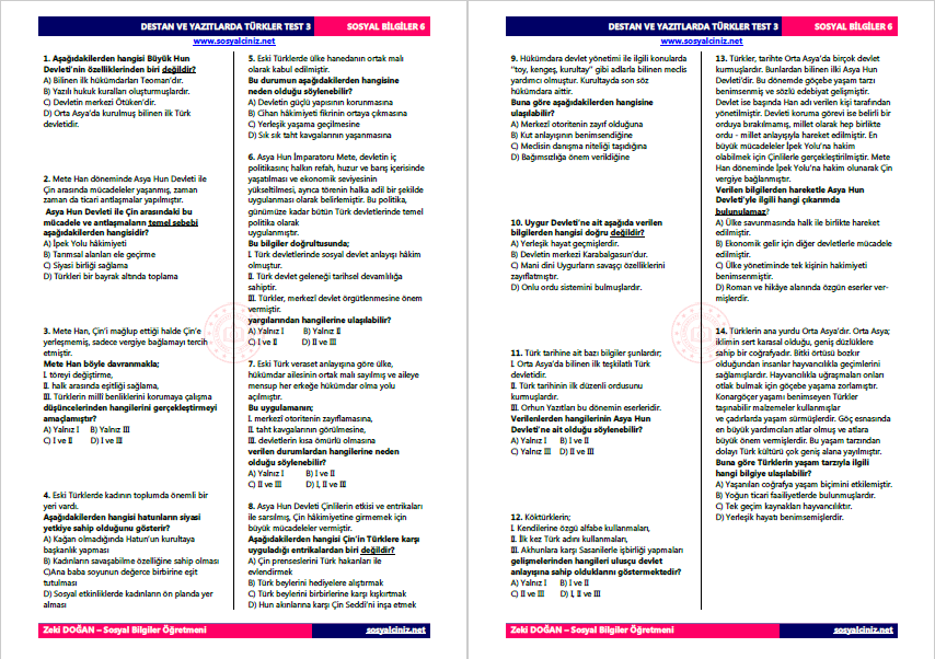 Destan ve Yazıtlarda Türkler Test 3