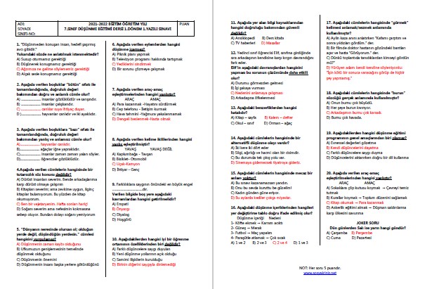 2021-2022 7.Sınıf Düşünme Eğitimi 1.Dönem 1.Yazılı
