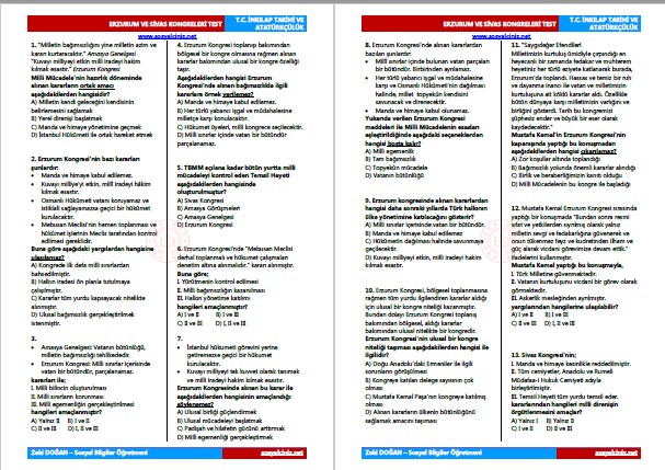 Erzurum ve Sivas Kongreleri Test
