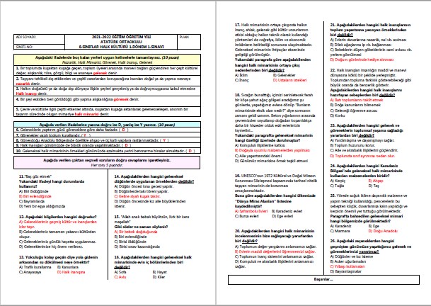 2021-2022 Halk Kültürü 1.Dönem 1.Yazılı