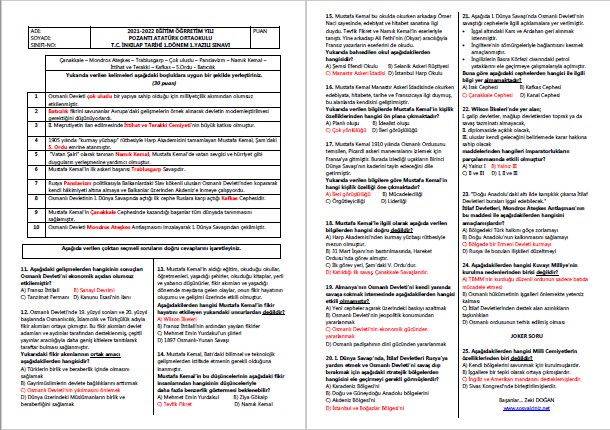2021-2022 T.C.İnkılap Tarihi 1.Dönem 1.Yazılı
